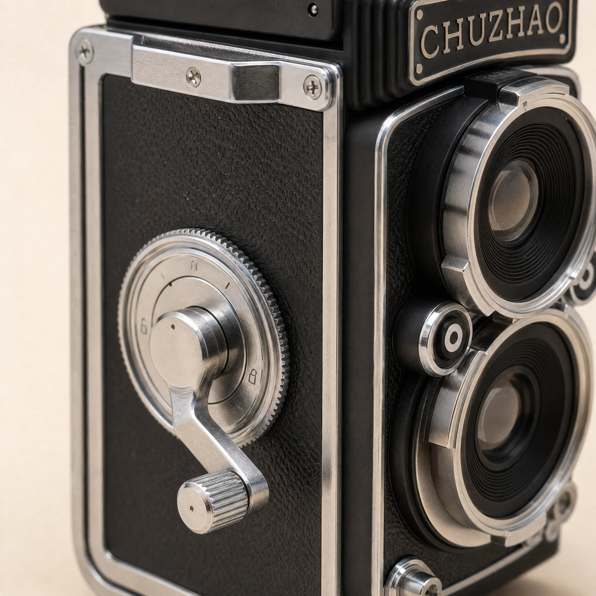 Close view of CHUZHAO camera texture, metal trim and physical controls
