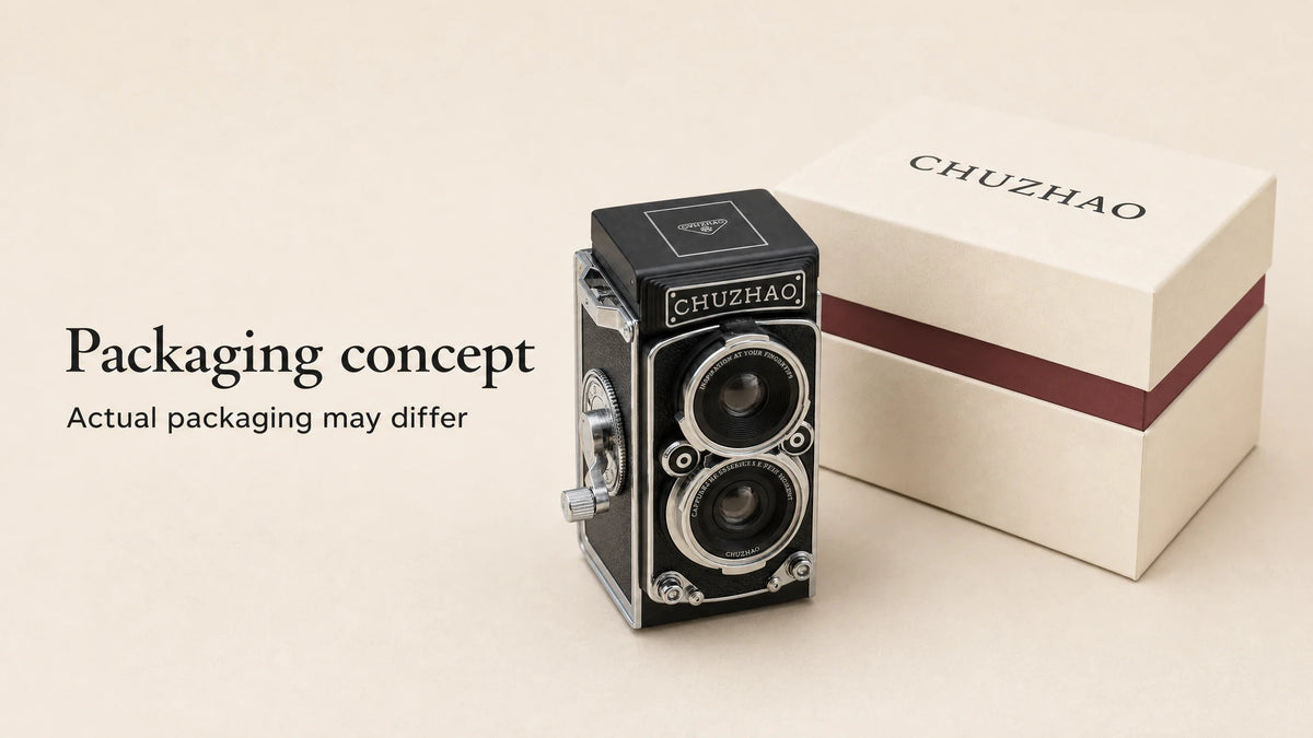 CHUZHAO Classic camera beside a proposed branded box, clearly marked as a packaging concept